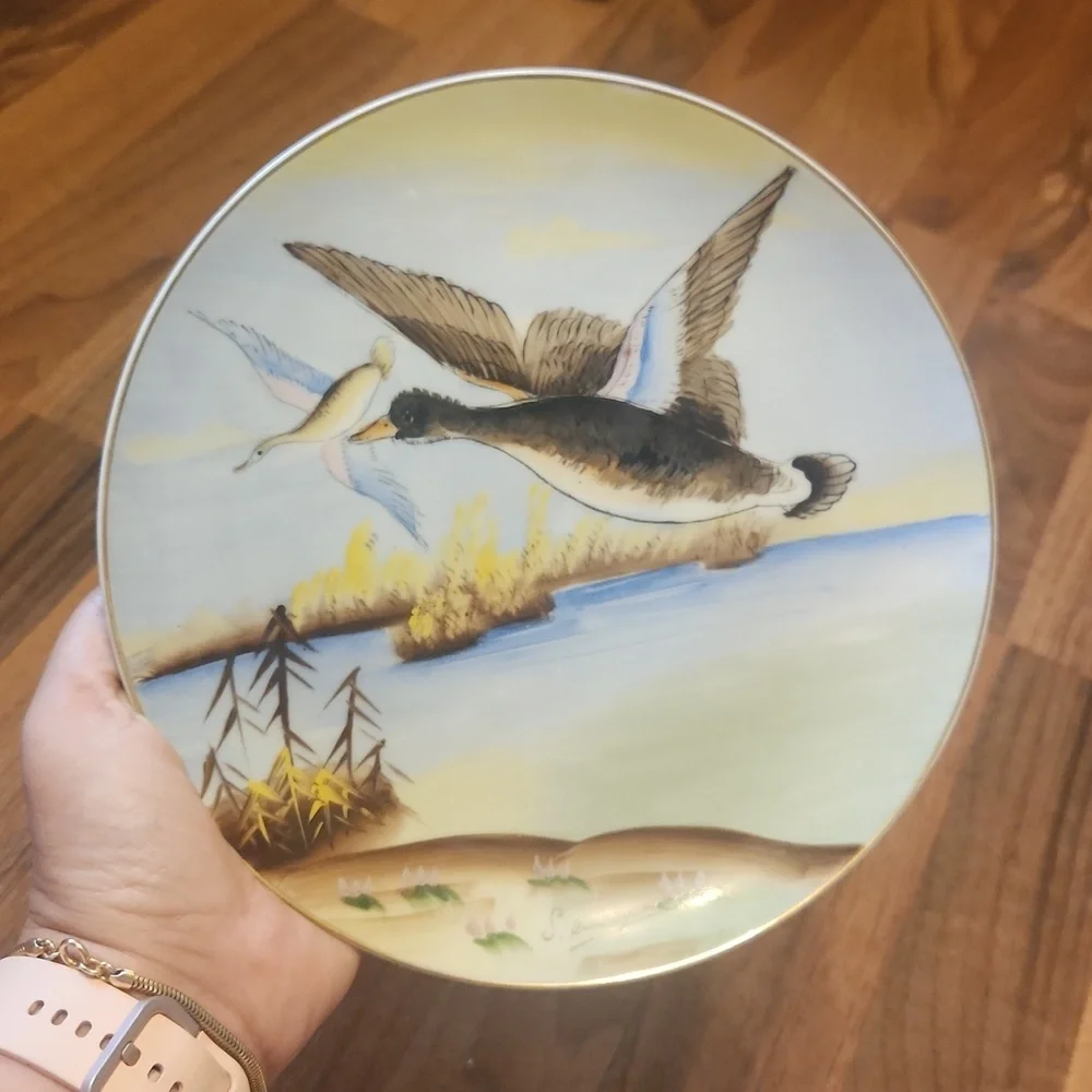 Handpainted Plate Vintage Japanese Porcelain Flying Ducks Over Water